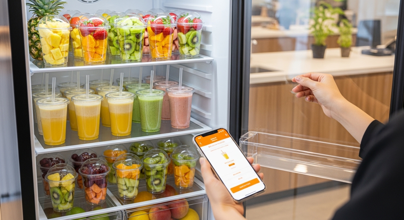 カップフルーツをオフィスにお届けしている様子